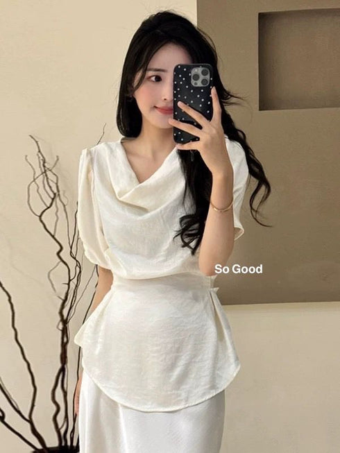 Cowl Neckline Short Sleeves Tie Tops With Skirts Sets